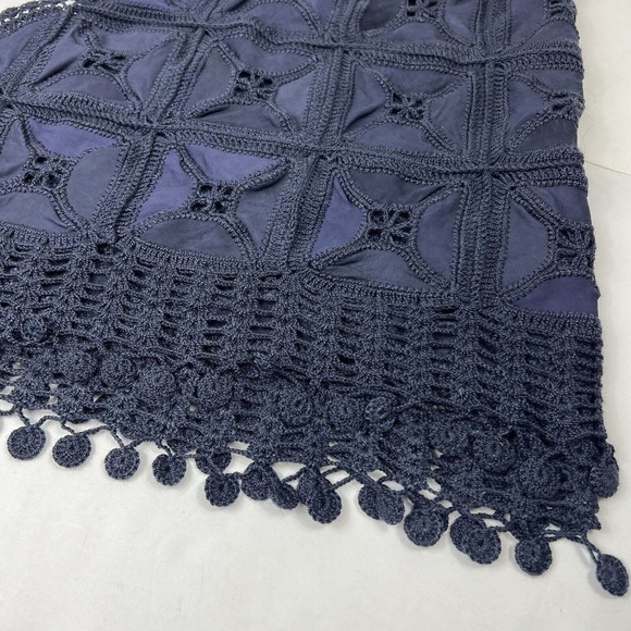 Vintage Navy Blue Leather Suede Crochet Patchwork Fringe Shawl Wrap - Picture 11 of 12